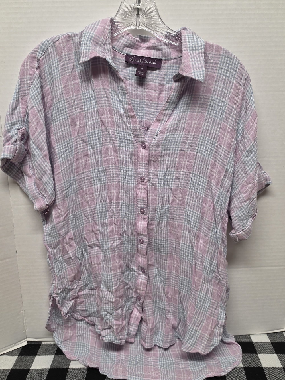 Gloria Vanderbilt Pink and Light Gray Plaid Button-Down Shirt